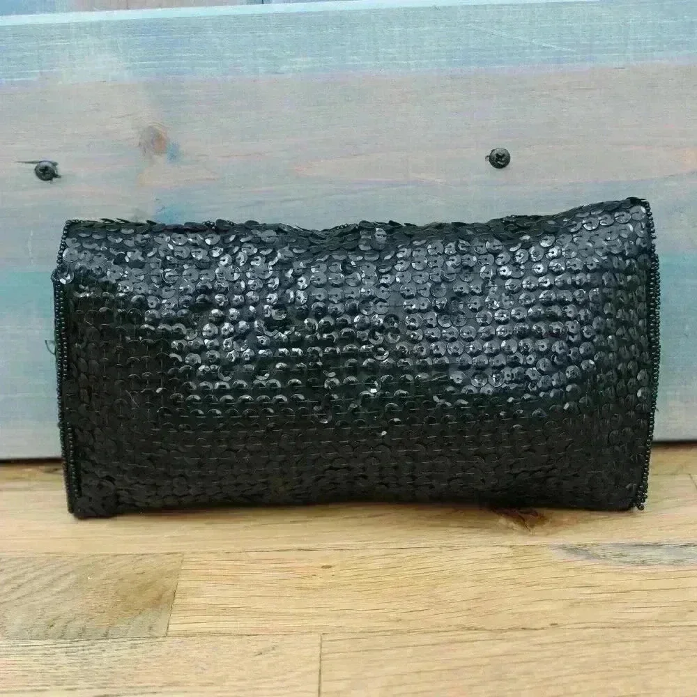 Set of 2 Vintage Black Bead and Sequin Formal Clutches Snap Closure Silky